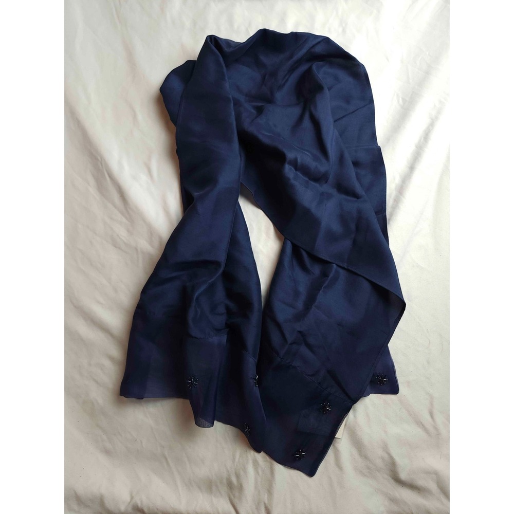 Vintage Terry Lewis Classic Luxuries Scarf Womens One Size Navy Blue Silk Beaded